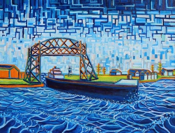 A painting of a freighter passing under the Duluth Aerial Lift Bridge.