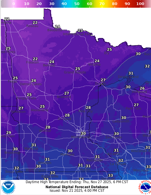 Forecast high temperatures Thursday