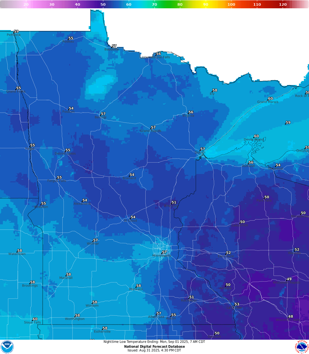 Lows for Sunday night