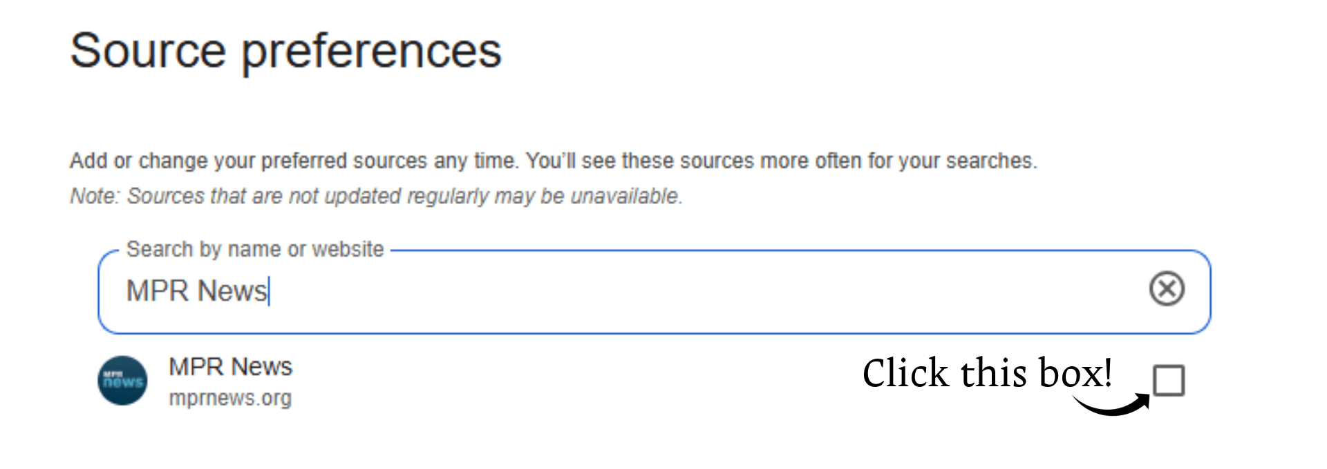 One the source preference page, search MPR News and click the box.