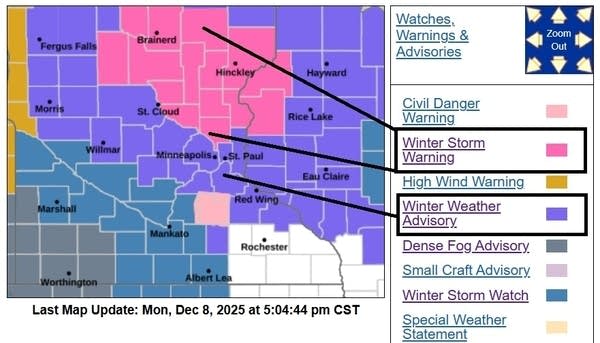 Winter weather warnings and advisories.