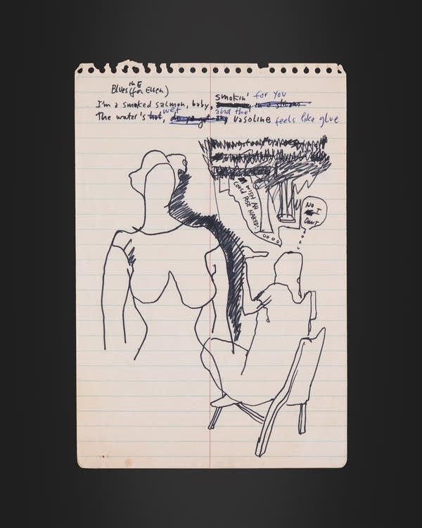 A sheet of notepad paper with a drawing of a woman with a man sitting in front of her.