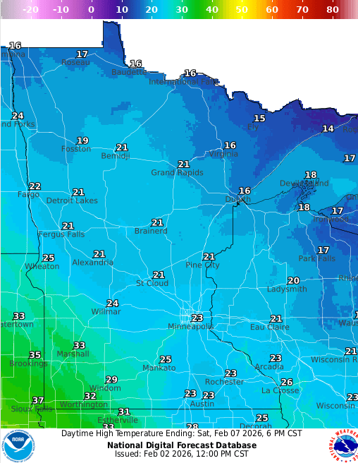 Forecast high temperatures Saturday