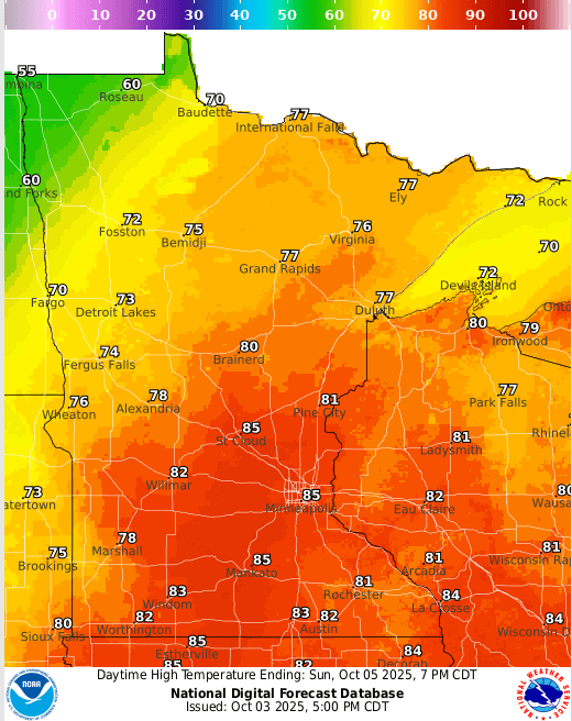 Forecast high temperatures Sunday