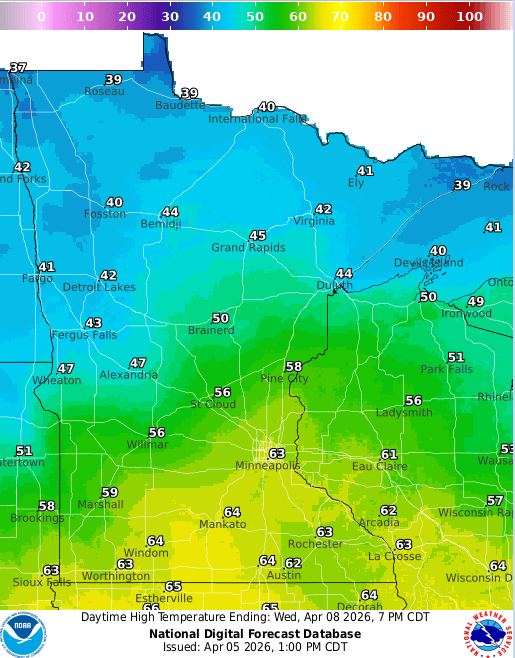 Forecast high temperatures Wednesday