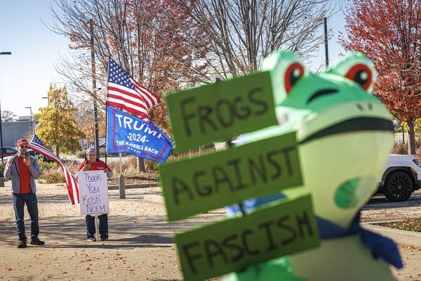 A person holds a sign in a frog suit.