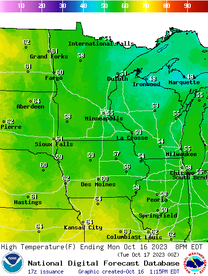 Forecast high temperatures Monday