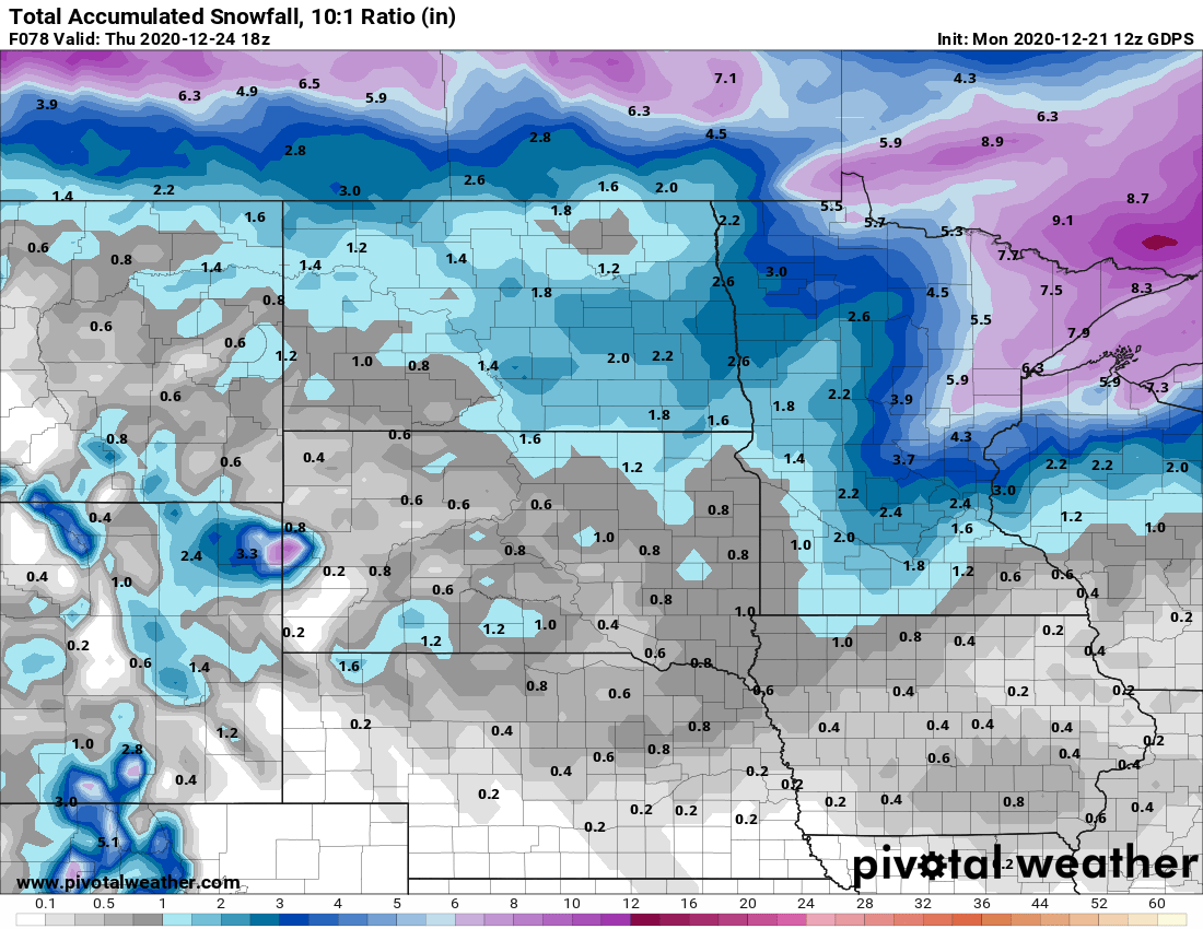 Canadian model snowfall output by Thursday