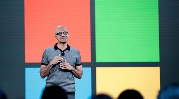 Satya Nadella, chief executive officer of Microsoft, speaks during a Microsoft event in May 2017 in New York City.