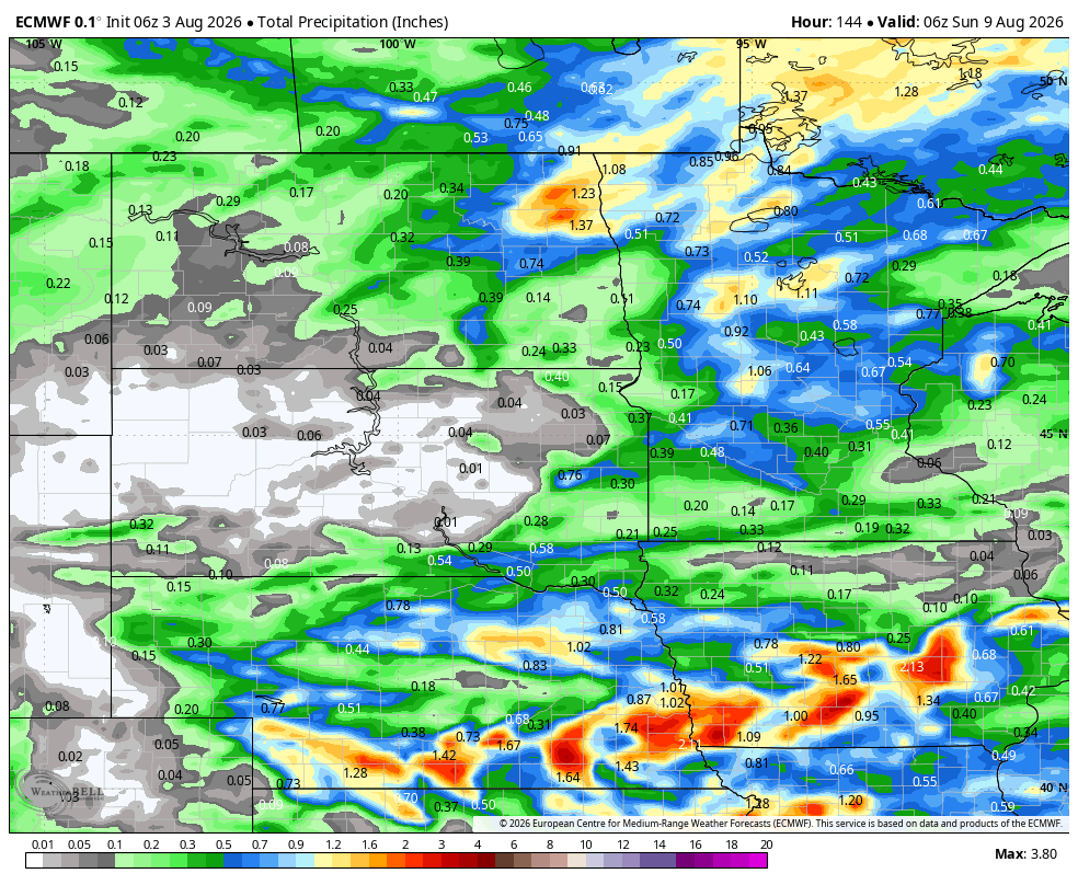 Forecast total precipitation through Aug 9
