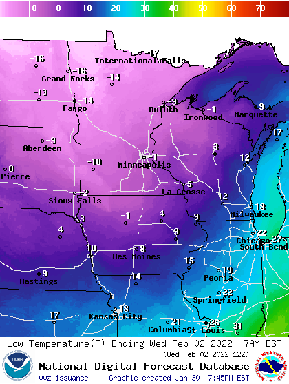 lows Wednesday