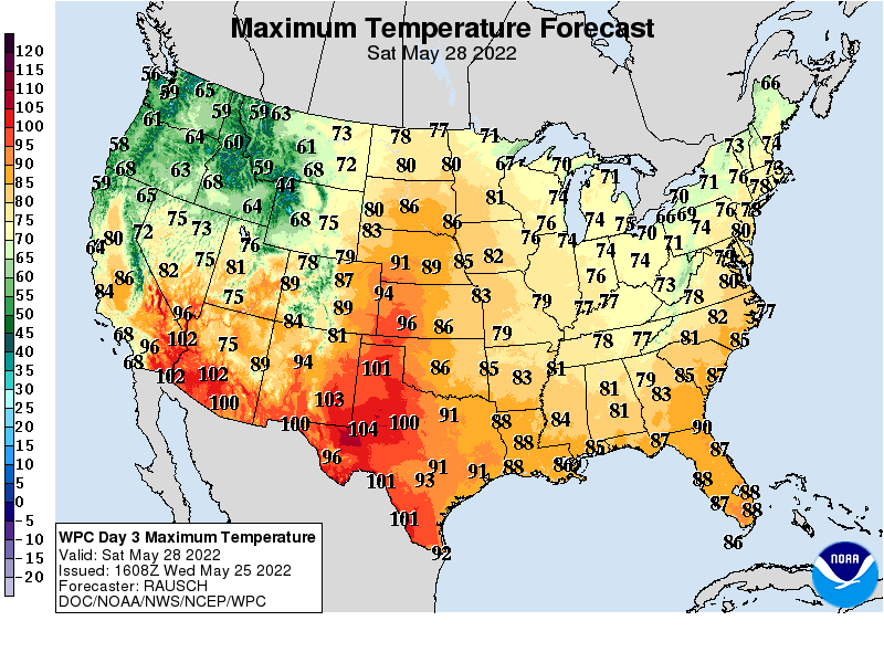 Forecast high temperatures Saturday