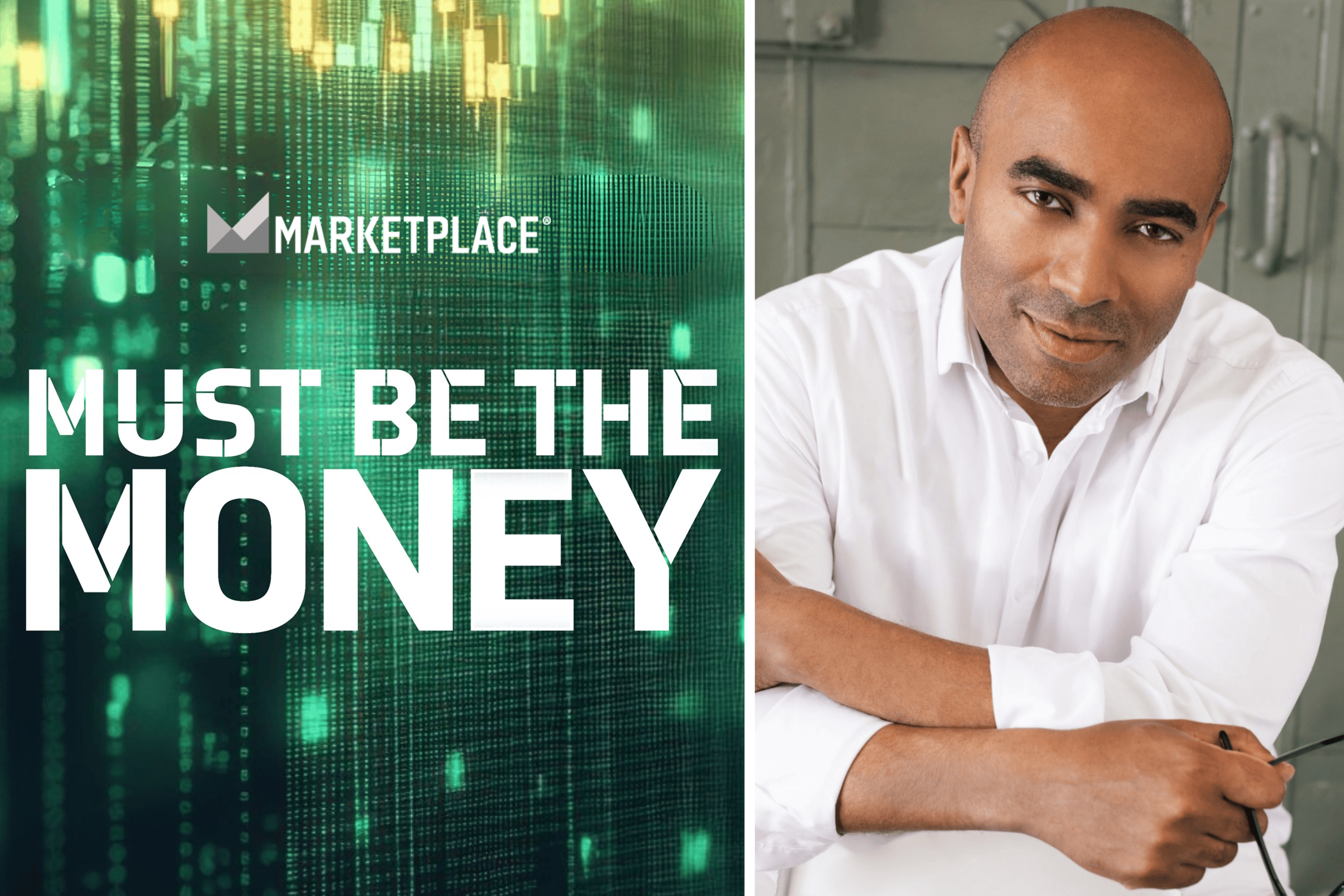 A green, digital-looking logo for "Must Be the Money," next to a headshot of a man in a white shirt.
