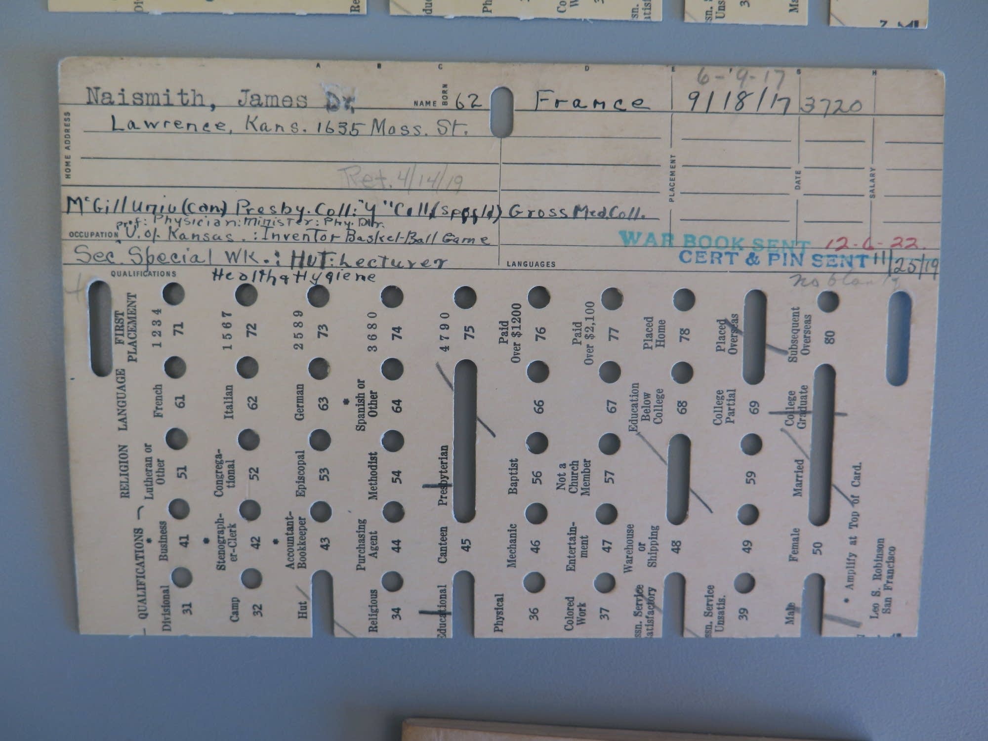 A punch card for James Naismith.
