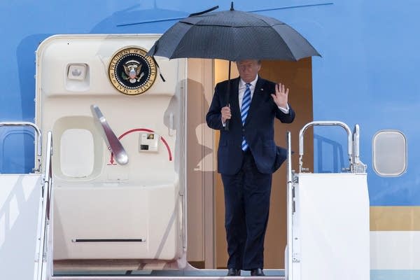 US President Donald Trump waves as he arrives in Osaka for the G-20 Summit in Osaka, Japan. World leaders will use the summit to discuss issues including climate change and the global economy.  (Photo by Tomohiro Ohsumi/Getty Images)