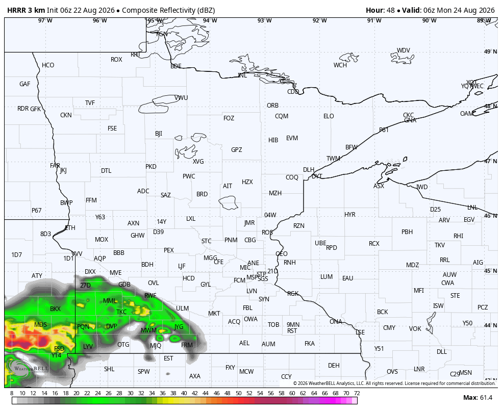 Map of Minnesota with storms