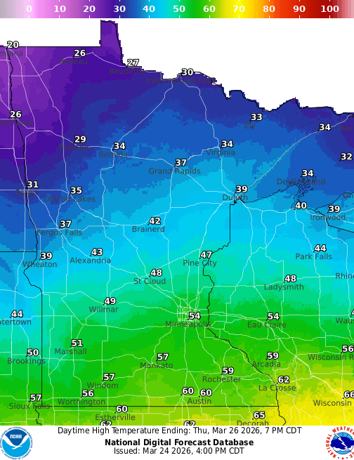 Forecast high temperatures Thursday