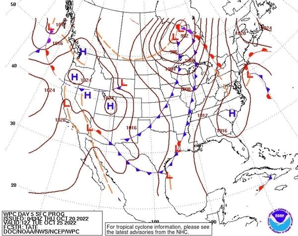 Forecast weather map for Tuesday