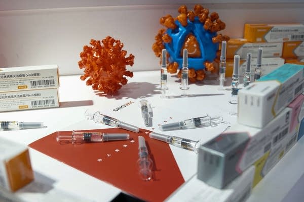 A booth displaying China's Sinovac Biotech Ltd. shows a COVID-19 vaccine candidate during the 2020 China International Fair for Trade in Services (CIFTIS) at Beijing Olympic Park on September 5, 2020 in Beijing, China. As China recovers from the COVID-19 epidemic, about 2,000 Chinese and foreign enterprises will participate and showcase their newest technology in public health and digital technology in the China International Fair for Trade in Services.  