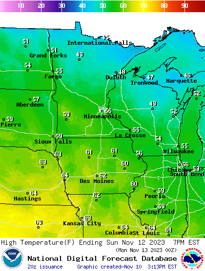 Forecast high temperatures Sunday