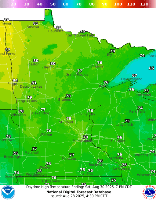 Forecast high temperatures Saturday