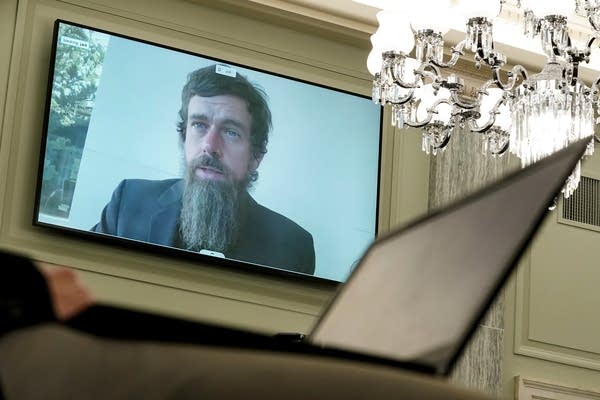 Twitter CEO Jack Dorsey testifies remotely during a Senate Commerce, Science, and Transportation Committee hearing with big tech companies October 28, 2020 on Capitol Hill in Washington, DC.