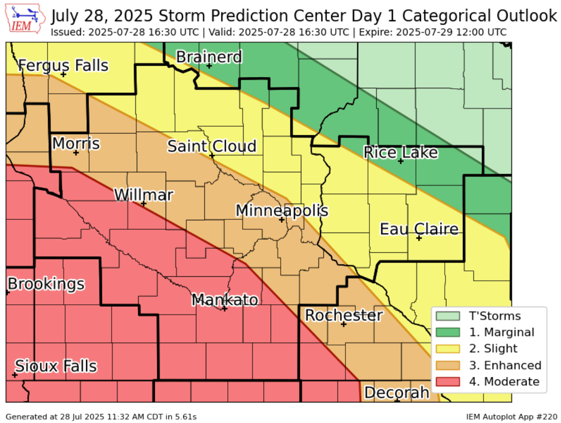 Severe weather risk favors southern Minnesota overnight