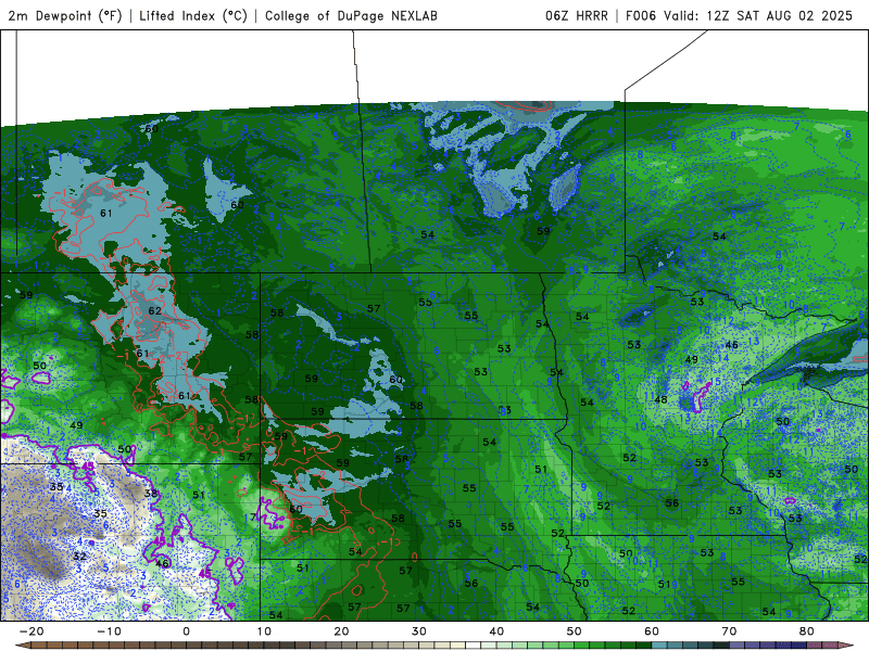Dew points Saturday and Sunday