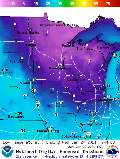 Forecast minimum temps Wednesday