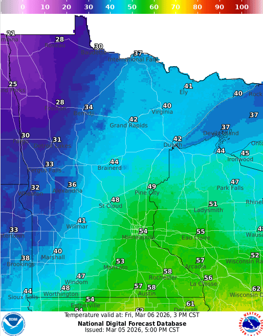 Forecast high temperatures Friday