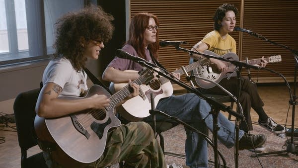 MUNA — left to right, Naomi McPherson, Katie Gavin and Josette Maskin — performing in The Current studio.