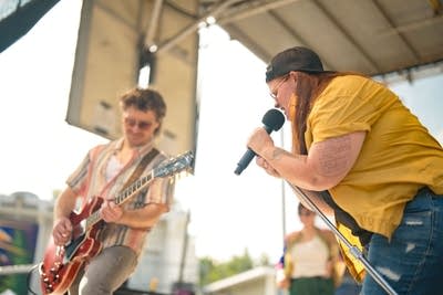 a band performing on stage