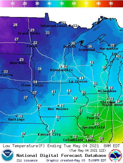 Forecast minimum temps Tuesday morning