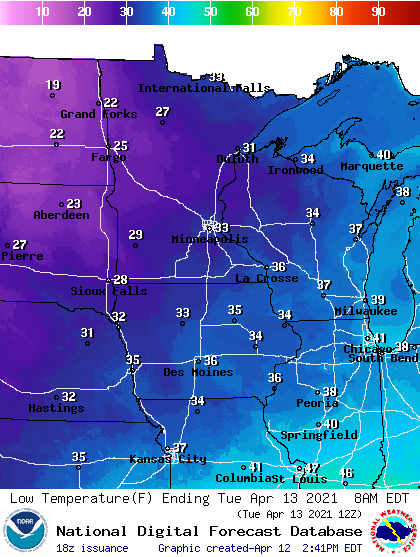 Forecast minimum temps Tuesday morning