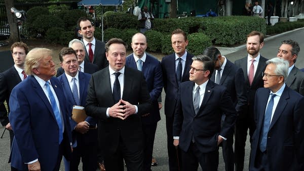 President Donald Trump is accompanied by leaders in the AI sector on Sept. 29, 2026, in Washington, D.C.