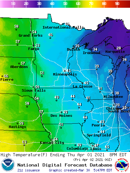 Forecast high temperatures Thursday
