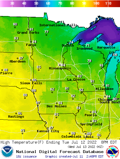Forecast high temperatures Tuesday