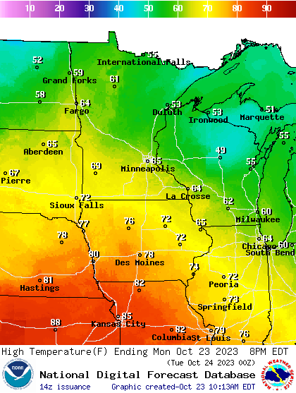 Forecast high temperatures Monday