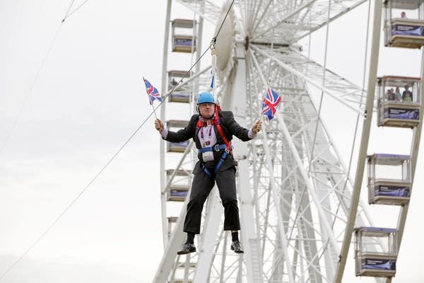 Tory leadership favorite Boris Johnson got stuck on a zip-line during his tenure as Mayor of London in 2012. (Photo: Barcroft Media via Getty Images)
