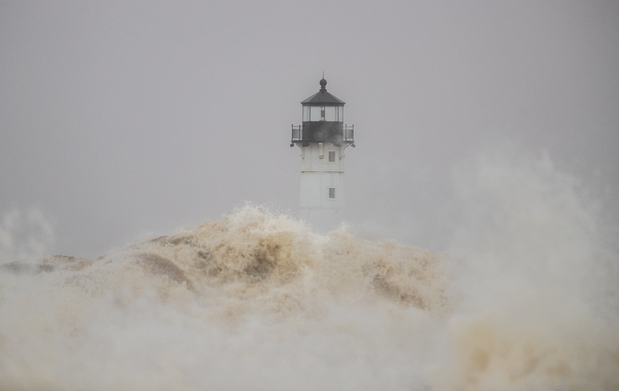 Waves pound the shoreline in Canal Park.
