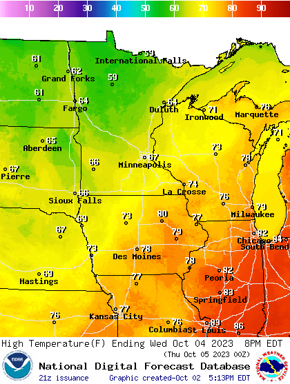 Forecast high temperatures Wednesday