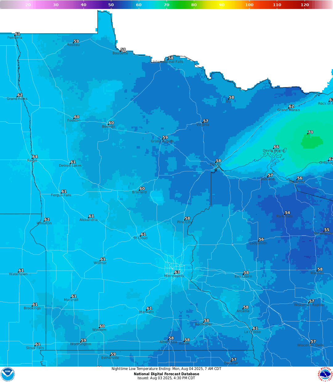 Lows for Sunday night