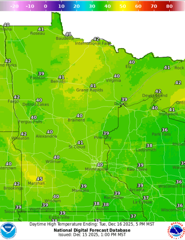 December thaw! 40s likely Tuesday around Minnesota