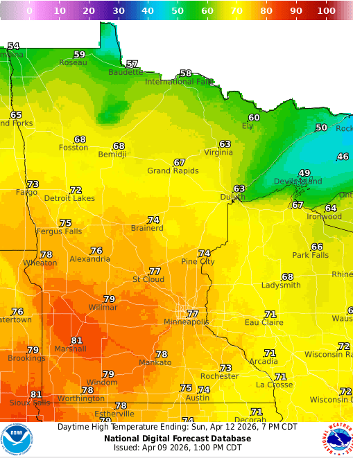 Forecast high temperatures Sunday 