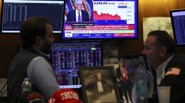 A livestream shows Jerome Powell, chairman of the U.S. Federal Reserve, speaking after the Federal Open Market Committee (FOMC) meeting on the floor of the New York Stock Exchange.