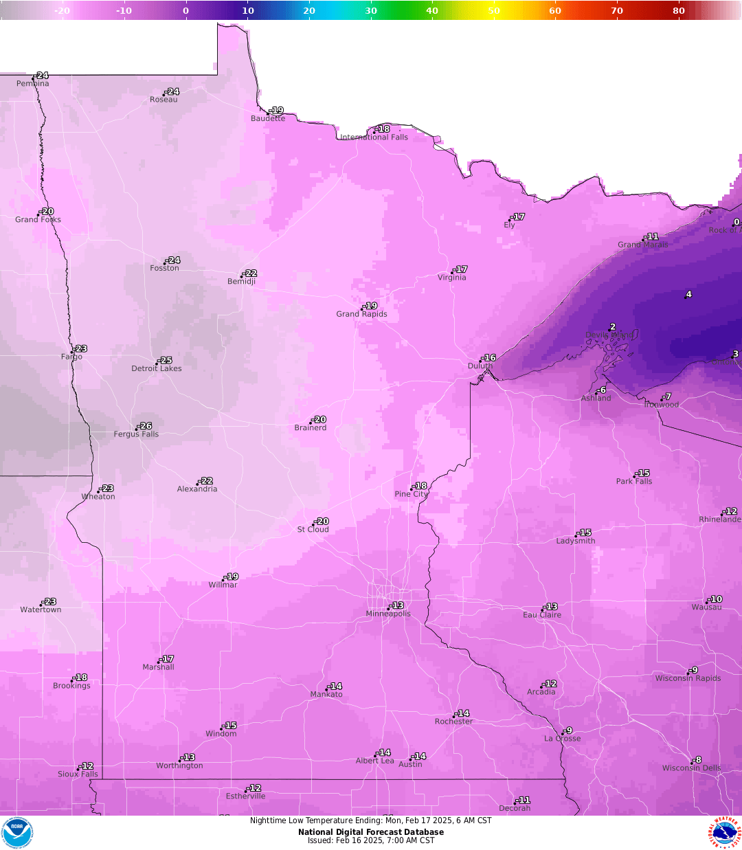Lows for Sunday night
