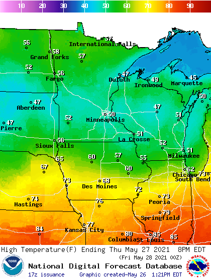 Forecast high temperatures Thursday