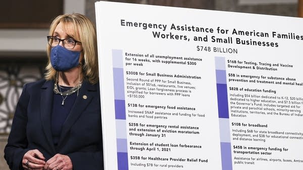 Sen. Maggie Hassan, D-N.H., stands alongside a bipartisan group of Democrat and Republican members of Congress as they announce a proposal for a COVID-19 relief bill on Capitol Hill on Dec. 14, 2020 in Washington.