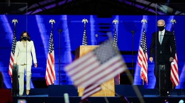 President-elect Joe Biden and Vice President-elect Kamala Harris take the stage at the Chase Center to address the nation Nov. 7, 2020 in Wilmington, Delaware.