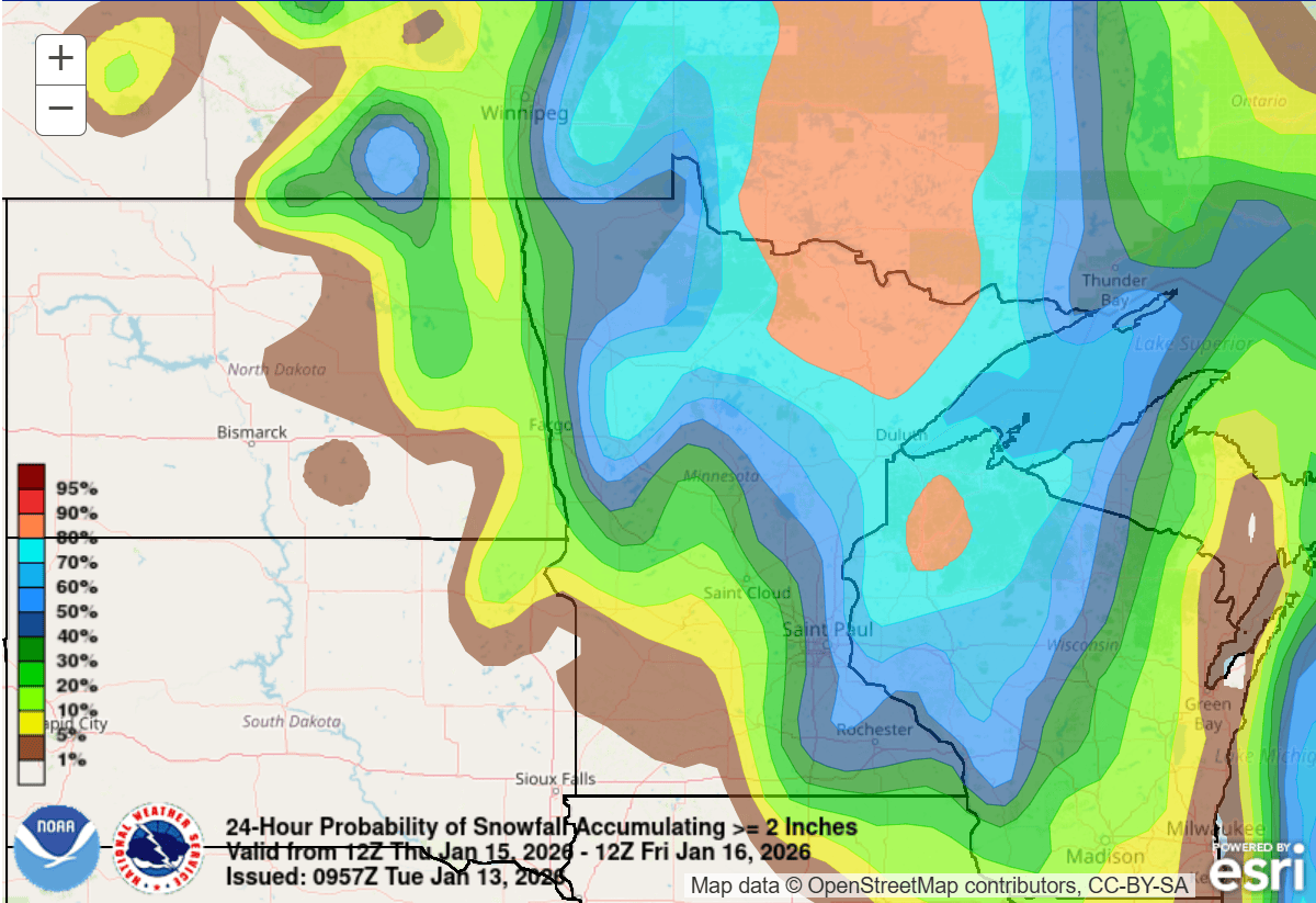 24-hour probability of accumulating snow ≥ 2 inches